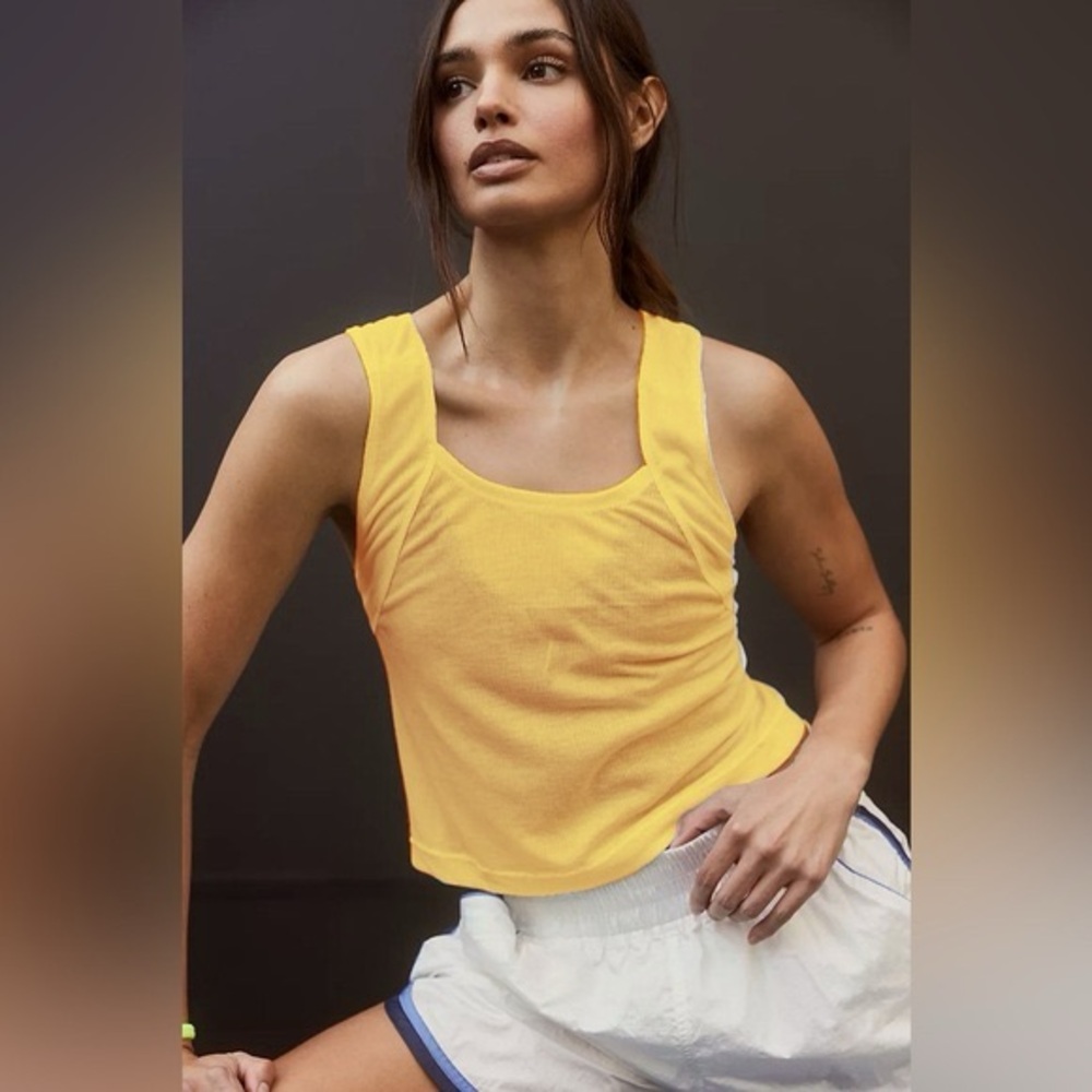 NWOT Free People Movement Keep Away Yellow Sheer Crop Criss Cross Back Tank XL